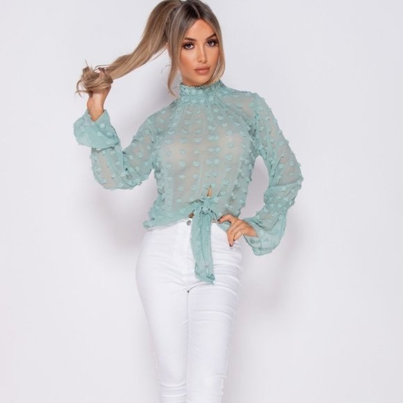 LAST 1! Dobby Shirred High Neck Long Sleeve Top - Picture 2 of 5